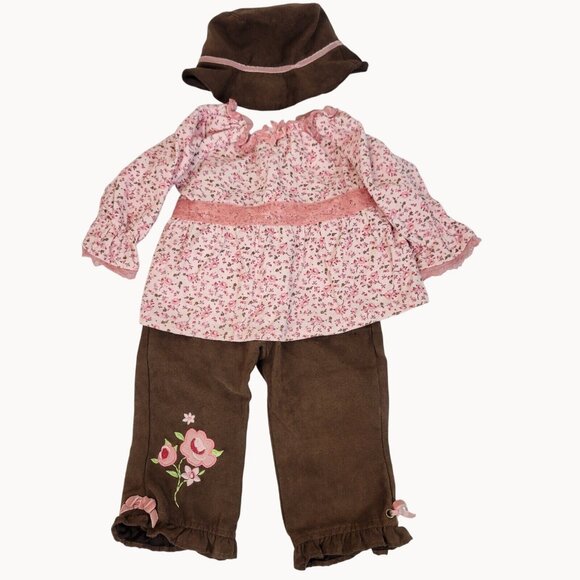 18mo Baby Girl 3pc Floral Corduroy Set Hat Top Pants Ruffle Kidcore Pink Brown - Picture 2 of 10